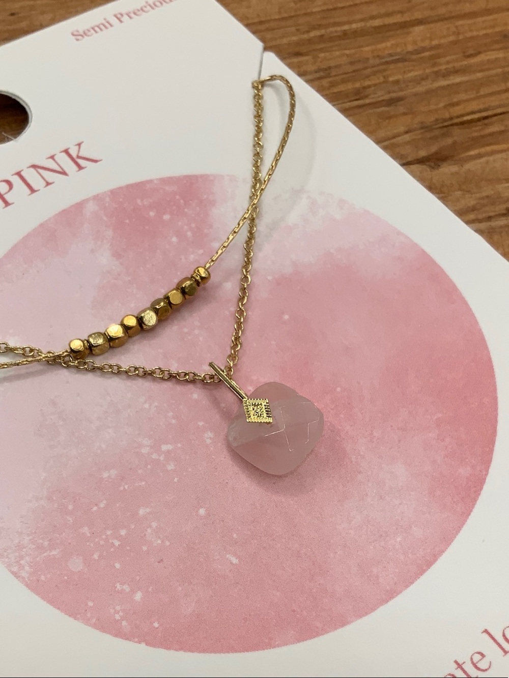 LC Lauren Conrad Double Gold Tone Chain Pink Rose Quartz Pendant Necklace